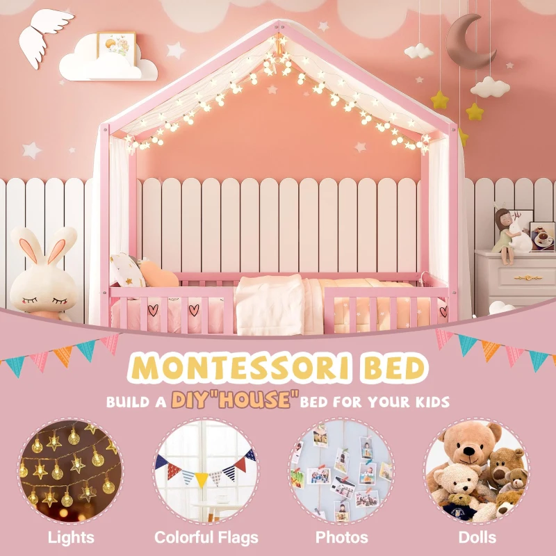 Montessori Full-Size House-Shaped Bed with Lightweight Polyester Canopy, Soft Pink Platform Bed for Child’s Room, 78.5'' L x 56.5'' W x 78'' H, Pink