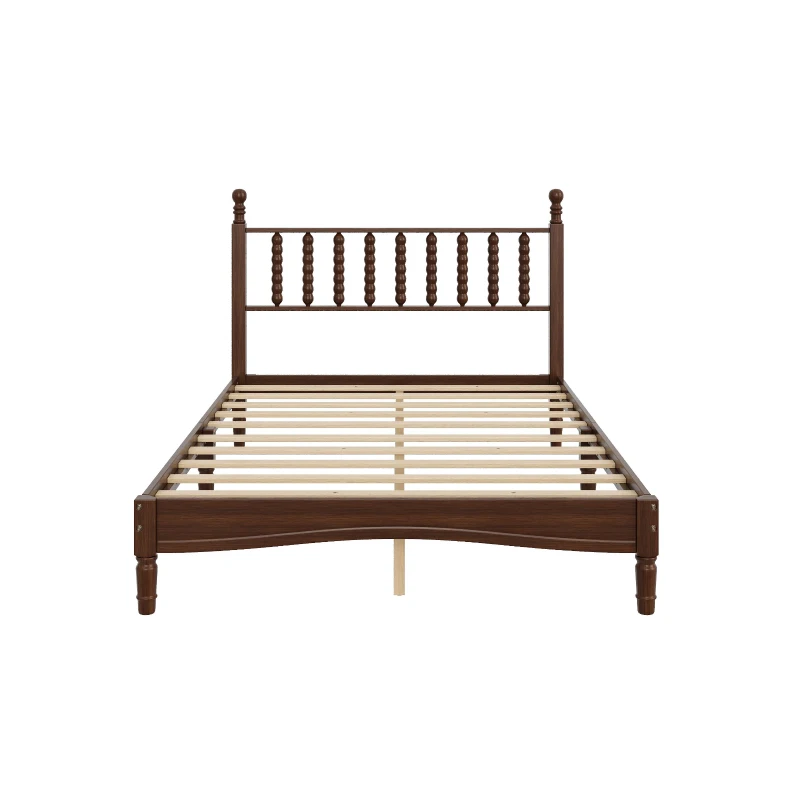Full Size Wood Platform Bed with Retro Gourd-Shaped Headboard & Wooden Slat, Solid Bed Frame for Eclectic Decors, 79'' L x 57'' W x 45'' H, Walnut