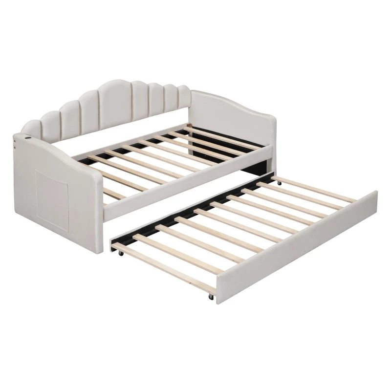 Twin Upholstered Daybed with Trundle and 2 USB Charging Ports, Velvet Sofa Bed with Side Storage Pockets, 80'' L x 42'' W x 40'' H, Beige