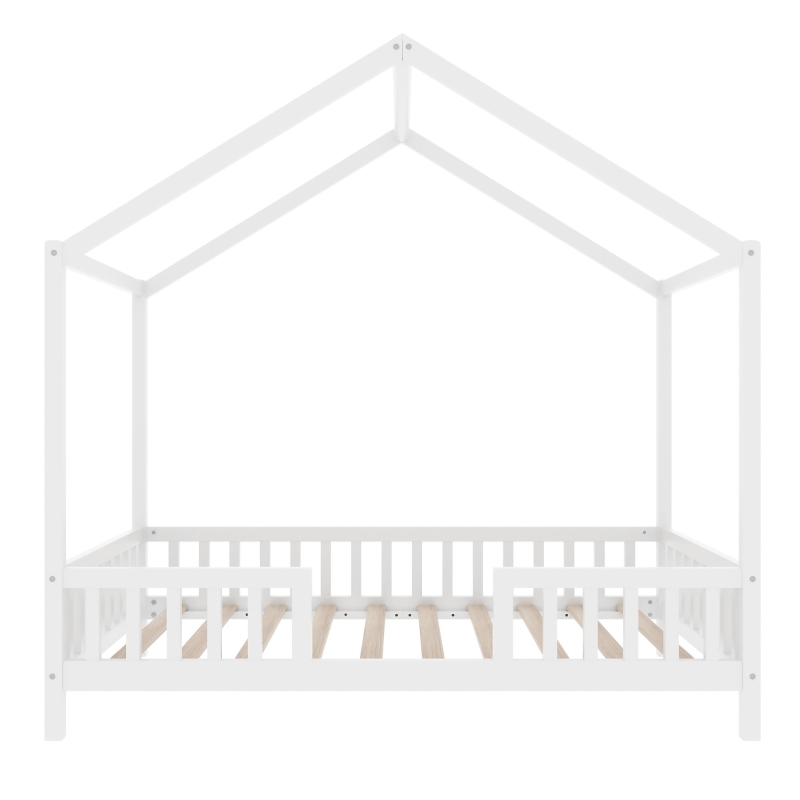 Twin House-Shaped Toddler Bed with 4 High Guard Railings & Roof Frame, Montessori Floor Bed with Canopy, 78.5'' L x 41.5'' W x 78'' H, White