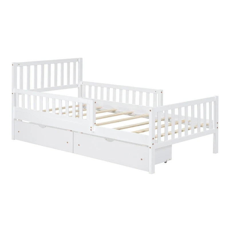 Twin Wood Platform Bed with 2 Under-Bed Storage Drawers, Solid Bed Frame for Children or Restless Sleepers, 77.5'' L x 42'' W x 34.5'' H, White