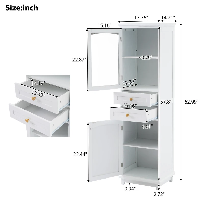 Tall Bathroom Storage Cabinet with Glass Doors, Free-Standing with Adjustable Shelves and Drawers, 18" L x 14" W x 63" H, White