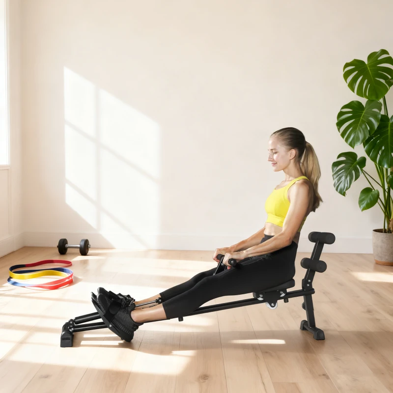 Soozier Hydraulic Rowing Machine with LCD Monitor, Sit-Up Function for Home Gym, Black