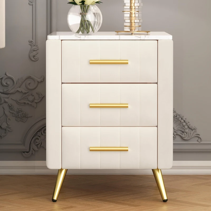 Upholstered Nightstand with 3 Drawers, Marble-Effect Top and Metal Legs, Beige Beside Table with Plywood Frame, 16.5'' L x 16.5'' W x 22'' H, Beige