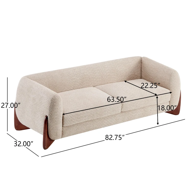 Bouclé Sherpa Sofa with Removable Seat Cushions and Spring Support, Upholstered Lounge Sofa with Wood Legs, 82.5'' L x 32'' W x 27'' H, Almond