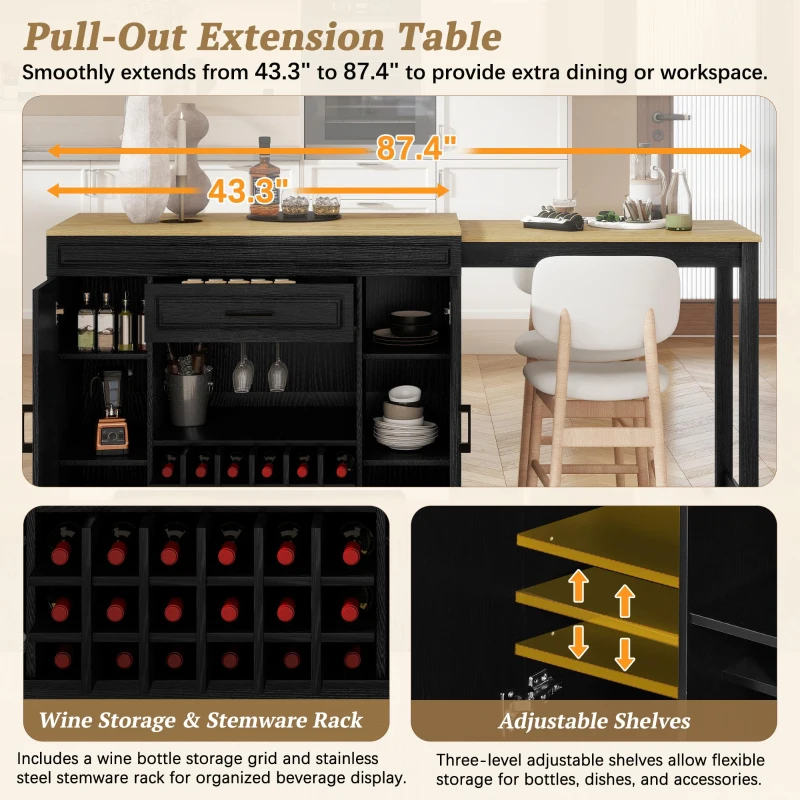 Expandable Bar Table with Adjustable Shelves and Rear Casters, Versatile Kitchen Counter with 2 Doors, 87.5″ L x 19.5″ W x 36″ H, Black+Natural