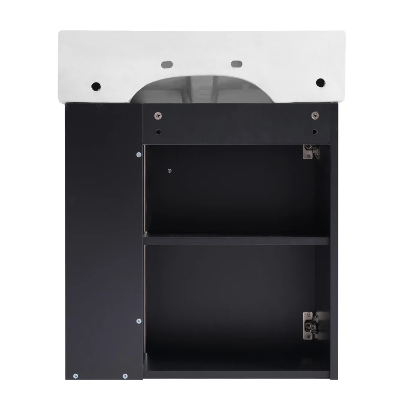 Modern Floating Bathroom Vanity with Ceramic Basin and Right Side Storage, Cabinet with Gold Handle, 21.5" L x 12" W x 26.5" H, Black+White