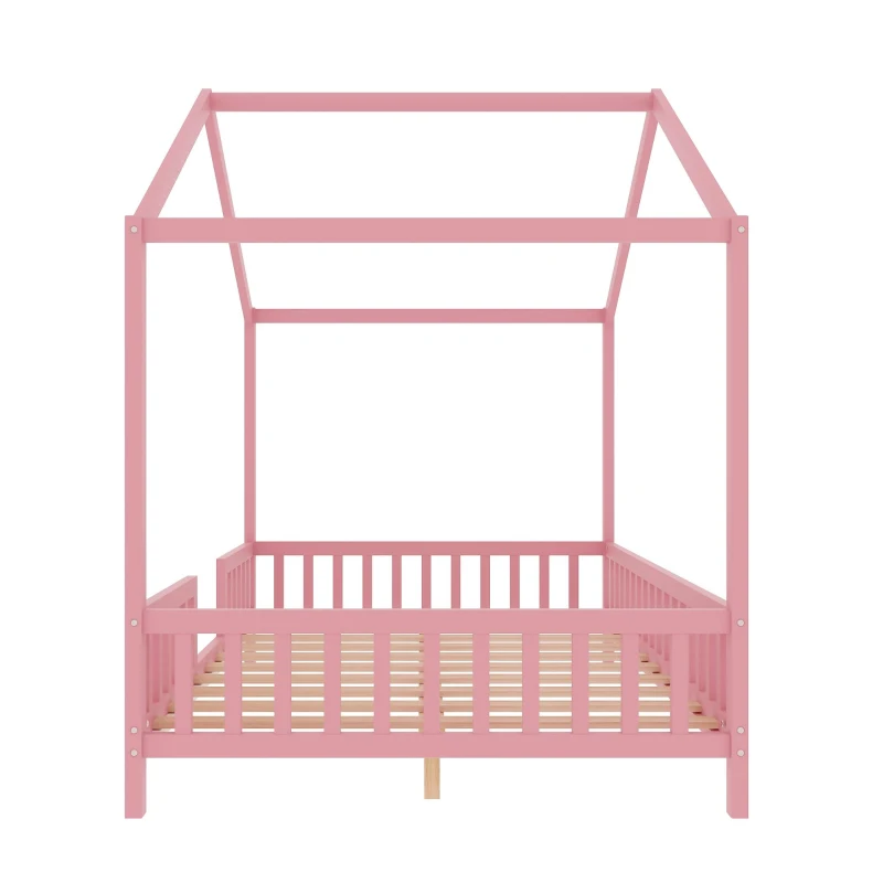 Montessori Full-Size House-Shaped Bed with Lightweight Polyester Canopy, Soft Pink Platform Bed for Child’s Room, 78.5'' L x 56.5'' W x 78'' H, Pink