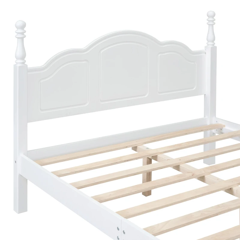 Full Size Wood Platform Bed with Wood-Finished Headboard, Retro-Style Bed Frame for Modern Condos, 80'' L x 56'' W x 43.5'' H, White