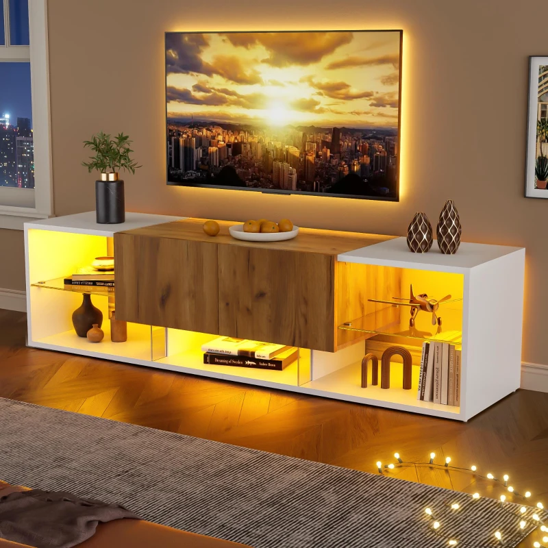 3-Tier TV Stand with App-Controlled LED Lighting and Glass Shelves, Sturdy TV Cabinet with 2 Drawers, 63" L x 15.5" W x 16.5" H, White+Natural