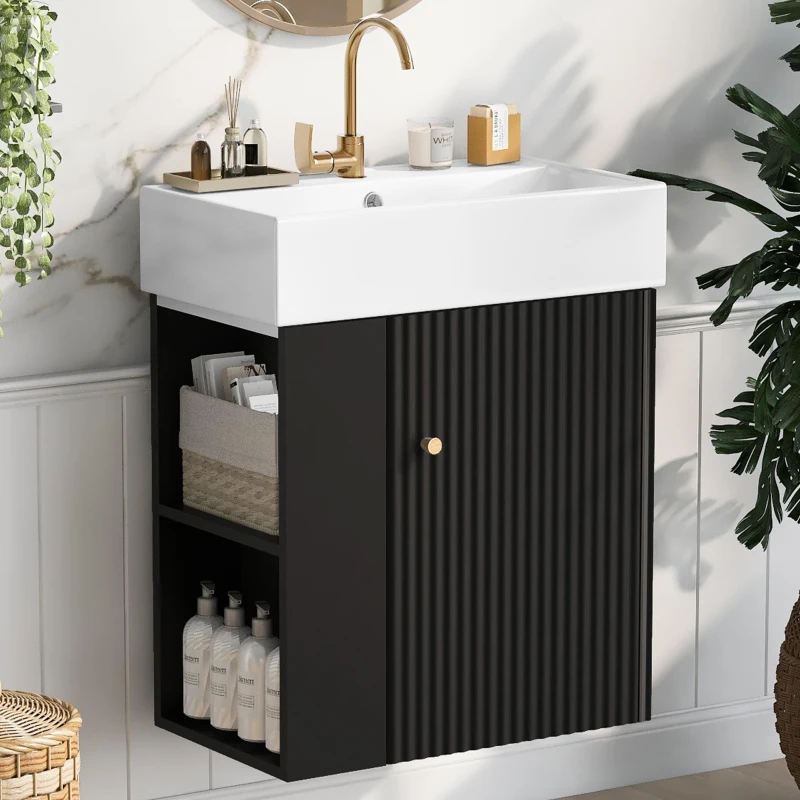 Modern Floating Bathroom Vanity with Ceramic Basin and Side Storage, Cabinet with Rose Golden Handle, 21.5" L x 12" W x 26.5" H, Black
