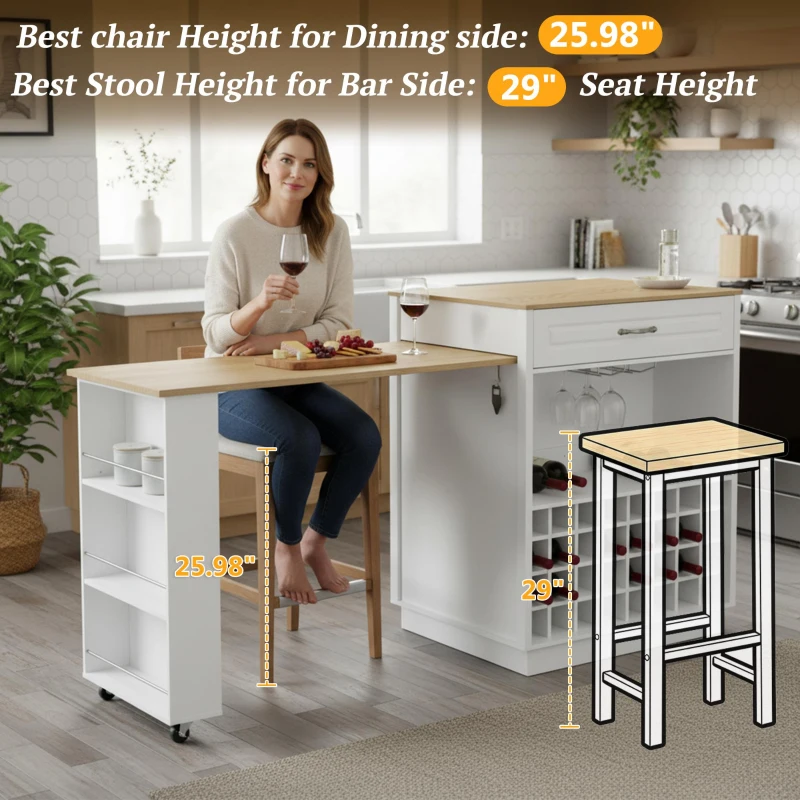 Stylish Mobile Bar Table with Extendable Countertop, Spacious Kitchen Counter with Storage Shelf, 73″ L x 27.5″ W x 41.5″ H, White+Natural