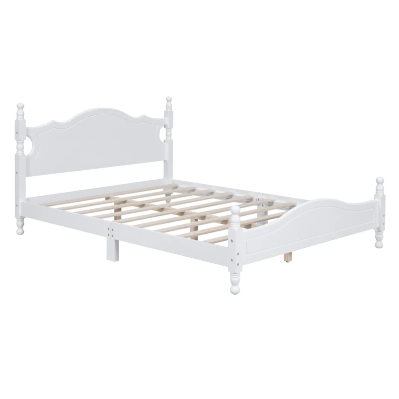 Queen Size Wood Platform Bed with Retro Headboard and 10 Slats, White Wood-Finished Bed Frame with Plywood, 85'' L x 62.5'' W x 39.5'' H, White
