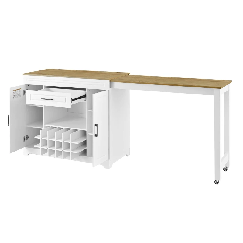 Expandable Bar Table with Adjustable Shelves and Rear Casters, Versatile Kitchen Counter with 2 Doors, 87.5″ L x 19.5″ W x 36″ H, White+Natural