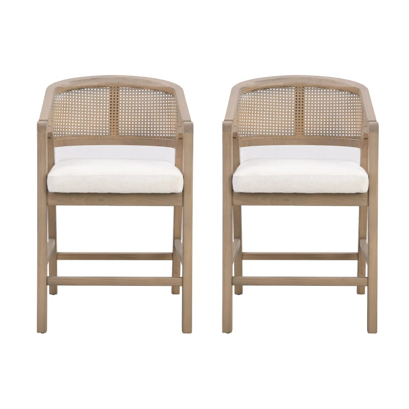 Set of 2 Wooden Counter Stools with Woven Rattan Back, Kitchen Island Stools for Contemporary Kitchens, 22'' L x 24.5'' W x 38'' H, Beige+Natural Ash