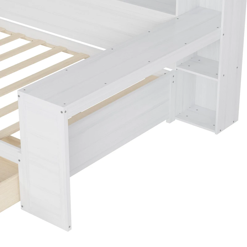 Full Size Daybed with 2 Large Drawers and Built-In Study Desk, Space-Saving Guest Bed with Side Storage Shelves, 91.5'' L x 65'' W x 45'' H, Antique White