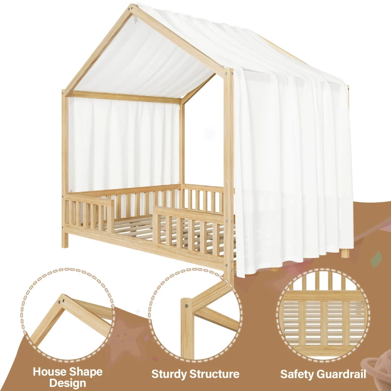 Full-Size Montessori Floor Bed with High Guard Railings, Natural Finish Bed Frame for Kid-Friendly Room, 78.5'' L x 56.5'' W x 78'' H, Natural