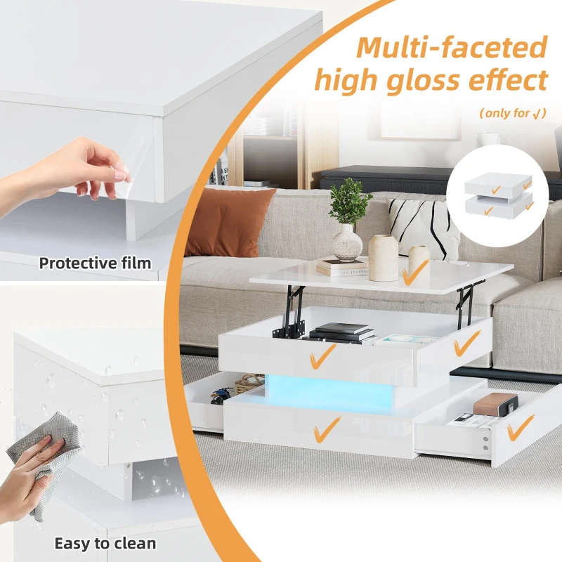 Lift-Top Coffee Table with App-Controlled LED Lighting and Liftable Top, Compact Center Table with 2 Drawers, 25.5" L x 25.5" W x 15" H, White