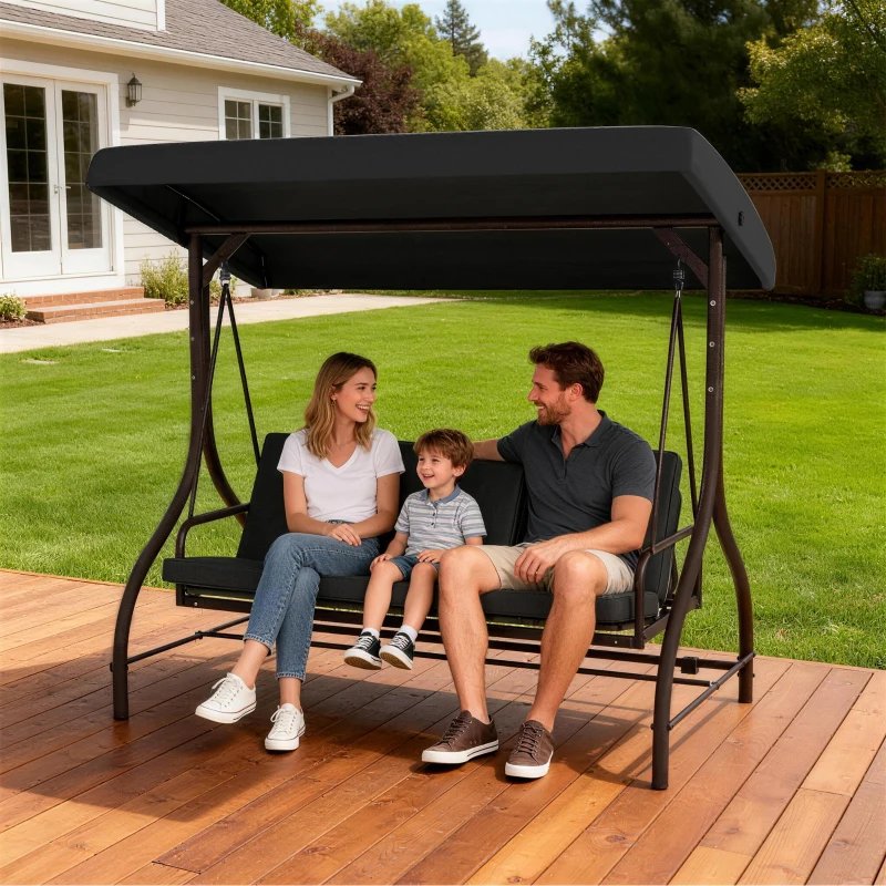 Outsunny Convertible Patio Swing Bed with Canopy and Cushions, 3 Seater Porch Swing for Outdoor, Backyard, Garden, Black