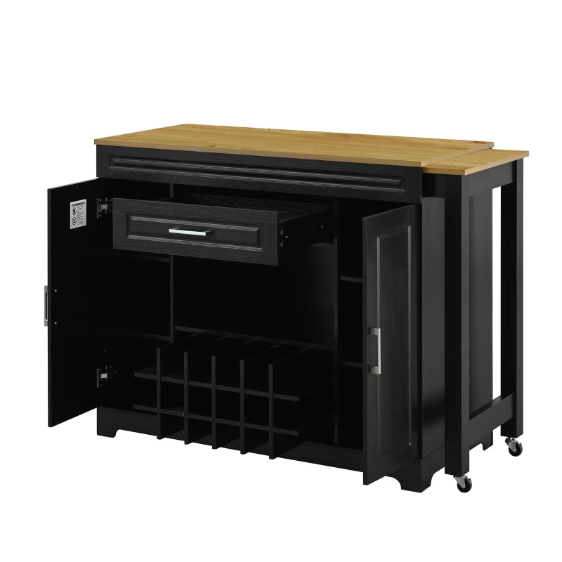Expandable Bar Table with Adjustable Shelves and Rear Casters, Versatile Kitchen Counter with 2 Doors, 87.5″ L x 19.5″ W x 36″ H, Black+Natural