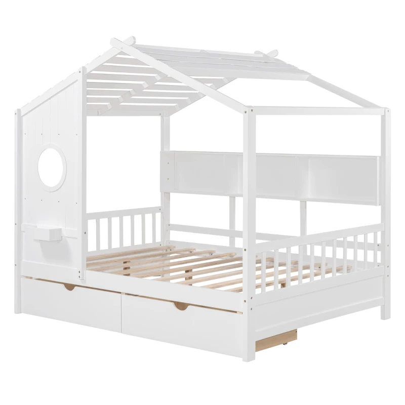 Full Size House Bed with Playful Pitched-Roof and Back Shelf, Wooden House Bed Frame with Sturdy Pine, 78'' L x 58'' W x 72'' H, White