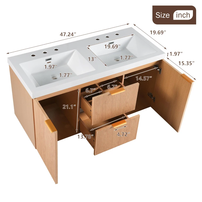 Double Sink Bathroom Vanity with Soft-Close Doors, Wall-Mounted Floating Cabinet with Divided Drawers, 47'' L x 19.5'' W x 23.5'' H, Wood