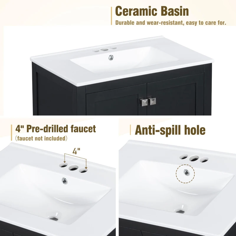 30" Bathroom Vanity with Single Undermount Sink, Cabinet with Soft-Close Doors and Versatile Storage, 30" L x 18.5" W x 34" H, Black+White