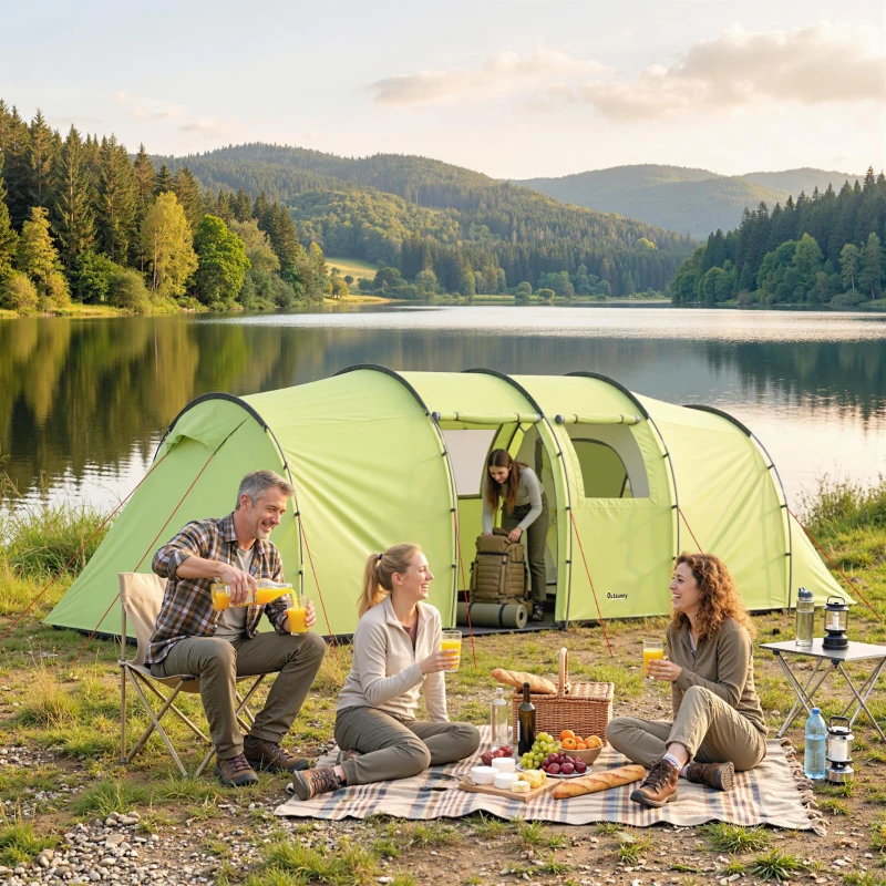 Outsunny 6 Person Camping Tent with Porch, Large Family Tent with 2 Bedroom and Living Room, Light Green