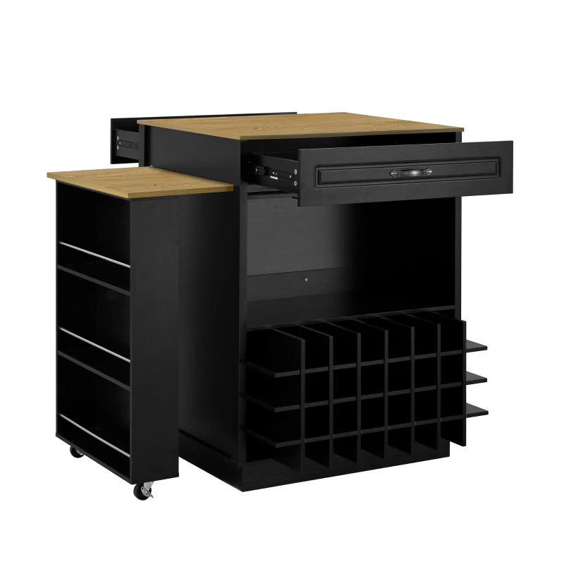 Stylish Mobile Bar Table with Extendable Countertop, Spacious Kitchen Counter with Storage Shelf, 73″ L x 27.5″ W x 41.5″ H, Black+Natural