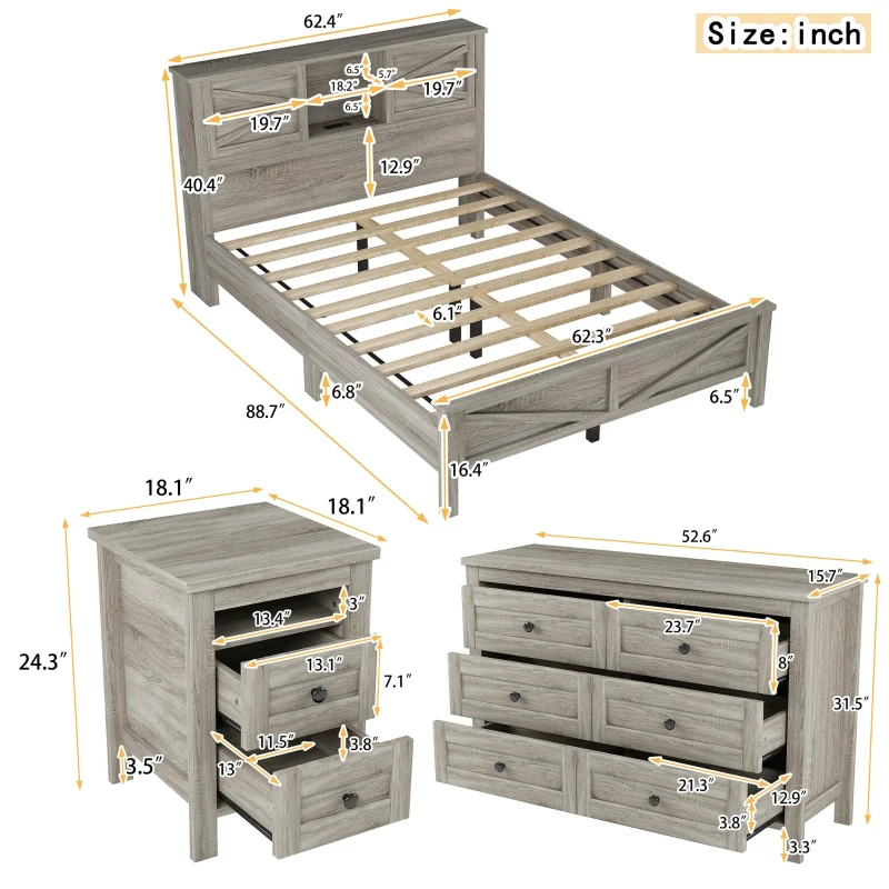 3-Piece Queen Bedroom Set with Sliding Door Storage Headboard, Rustic Platform Bed Set with Built-In Socket, 88.5'' L X 62.5'' W X 40.5" H, Antique Gray