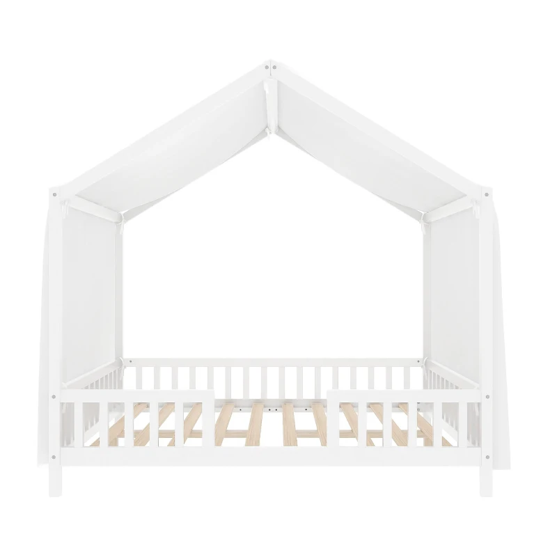 Full-Size Montessori Floor Bed with Canopy and Sturdy Pine, House-Style Platform Bed for Kids' Rooms, 78.5'' L x 56.5'' W x 78'' H, White
