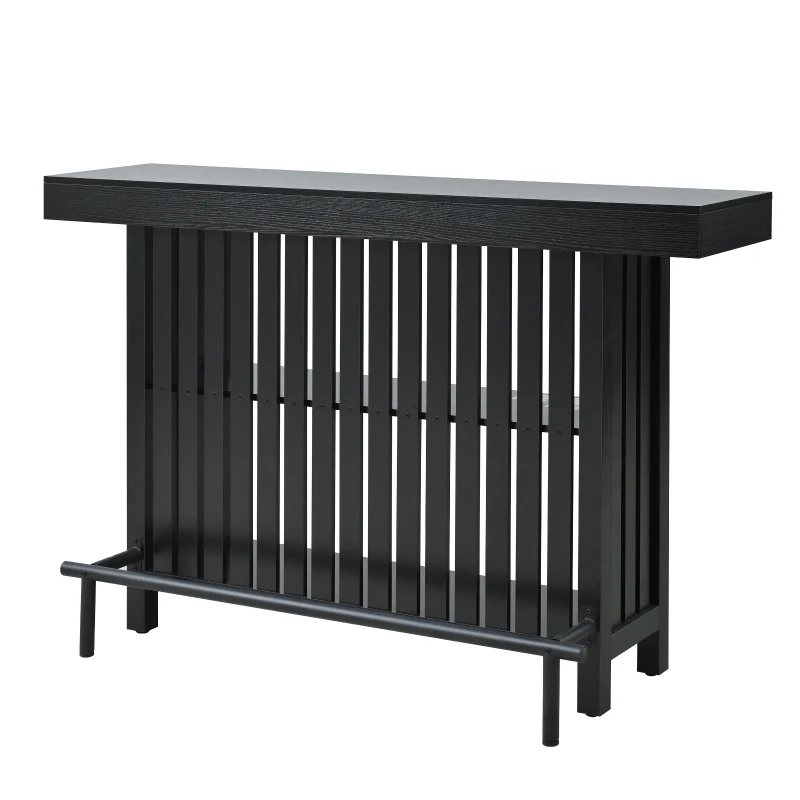 3-In-1 Dining Table with Marble-Grain MDF Top, Space-Saving Bar Table with Metal Footrest, 63" L x 15.5" W x 41" H, Black
