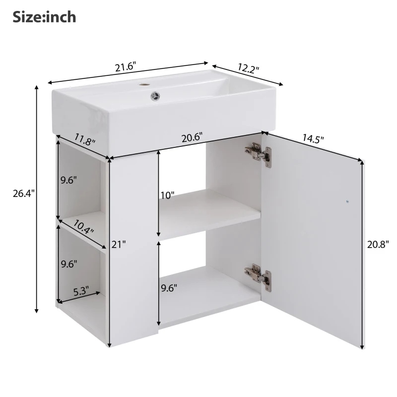 Modern Floating Bathroom Vanity with Ceramic Basin and Side Storage, Cabinet with Rose Gold Handle, 21.5" L x 12" W x 26.5" H, White