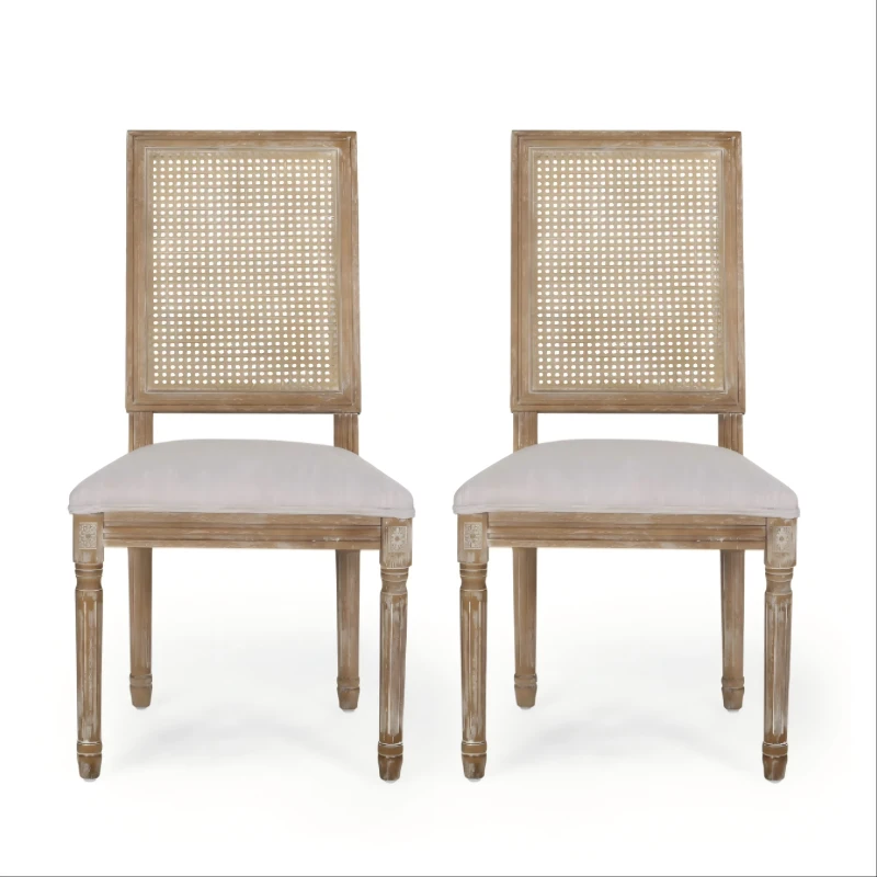 Set of 2 Dining Chairs with Rectangular Cane Backrest and Fluted Legs, Vintage Dining Seating with Rubberwood Frame, 20'' L x 22'' W x 39.5'' H, Beige