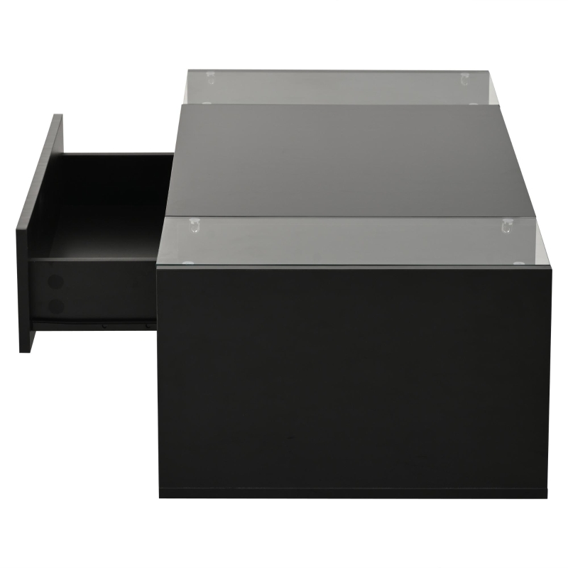 High-Gloss Coffee Table with Tempered Glass Storage, Compact Center Table with Semi-Open Shelf, 39.5″ L x 19.5″ W x 12″ H, Black