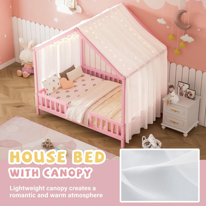 Montessori Full-Size House-Shaped Bed with Lightweight Polyester Canopy, Soft Pink Platform Bed for Child’s Room, 78.5'' L x 56.5'' W x 78'' H, Pink
