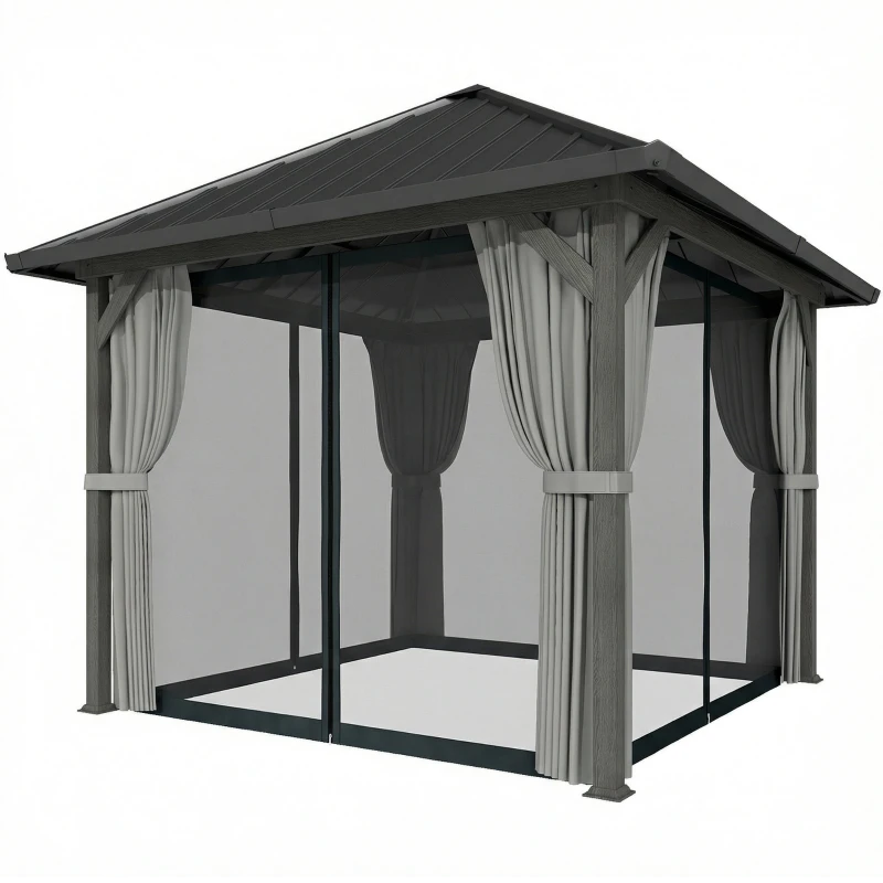 Outsunny 10' x 10' Hardtop Gazebo with Galvanized Steel Roof, Permanent Garden Gazebo with Netting and Curtains