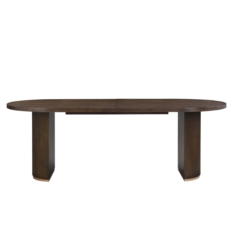 Oval Double Pedestal Dining Table with Semi-Cylindrical Pedestal Bases, Walnut Wood Kitchen Table Vertical Grooves, 88'' L x 40'' W x 30'' H, Walnut
