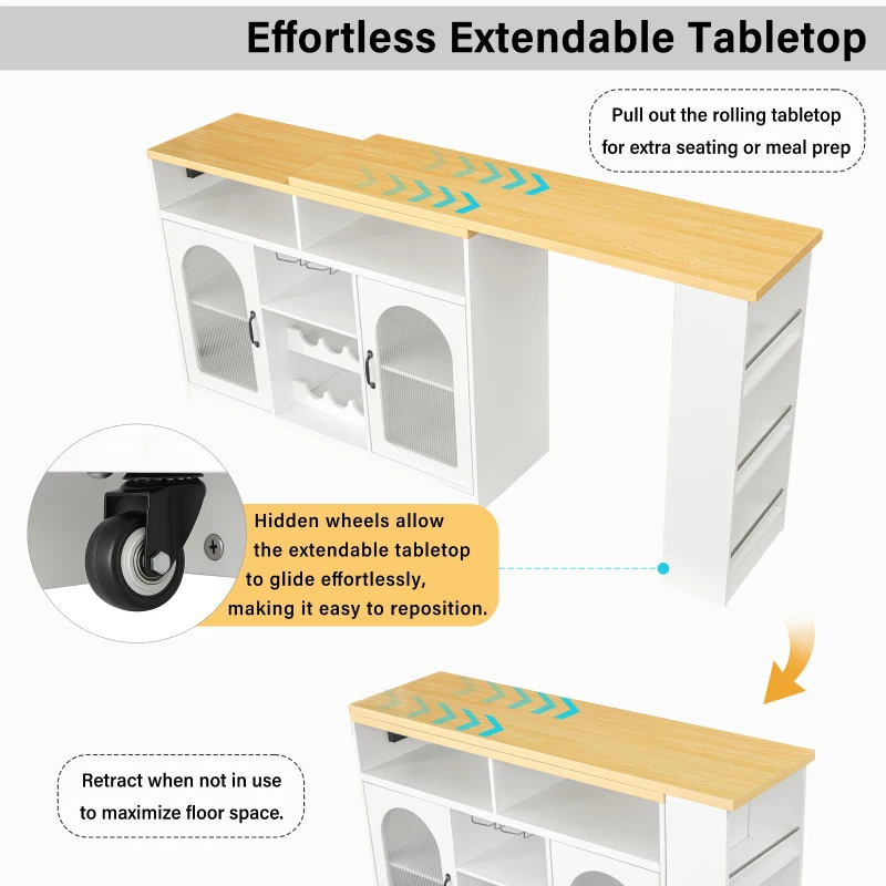 Multifunctional Bar Table with App-Controlled LED Lighting, Stylish Kitchen Island with Extendable Rolling Top, 47" L x 15.5" W x 36.5" H, White+Natural