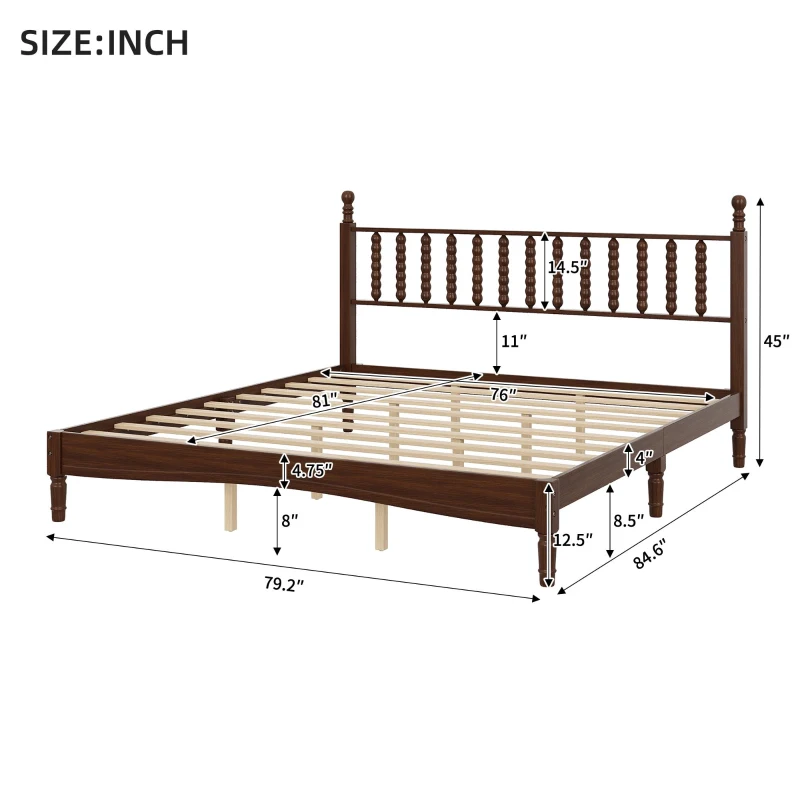 King-Size Wood Platform Bed with Gourd-Shaped Headboard, Sturdy Wooden Frame for Classic or Eclectic Interior, 84.5'' L x 79'' W x 45'' H, Walnut
