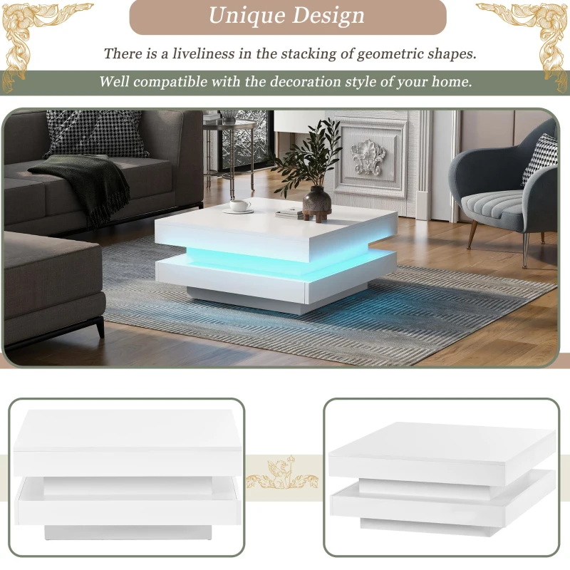 Square High-Gloss Coffee Table with App-Controlled LED Lighting, Modern Center Table with Double-Layer Storage, 27.5" L x 27.5" W x 14" H, White