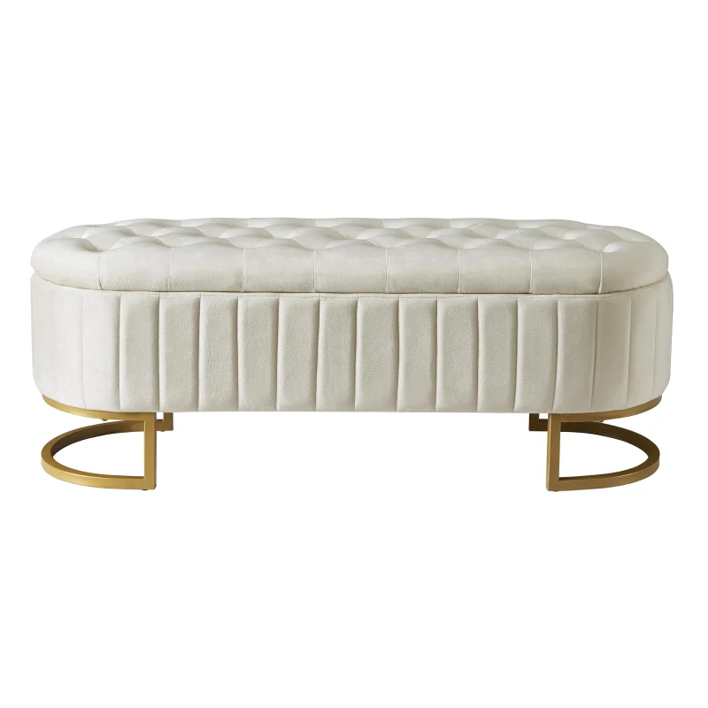 Upholstered Velvet Storage Ottoman Bench with Metal Legs, Button-Tufted Storage Bench with MDF Frame, 47'' L x 15.5'' W x 16.5'' H, Beige