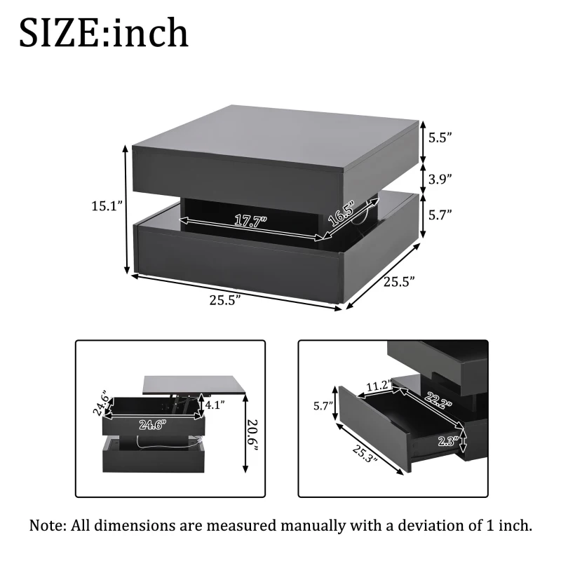 Lift-Top Coffee Table with App-Controlled LED Lighting and Liftable Top, Compact Center Table with 2 Drawers, 25.5" L x 25.5" W x 15" H, Black