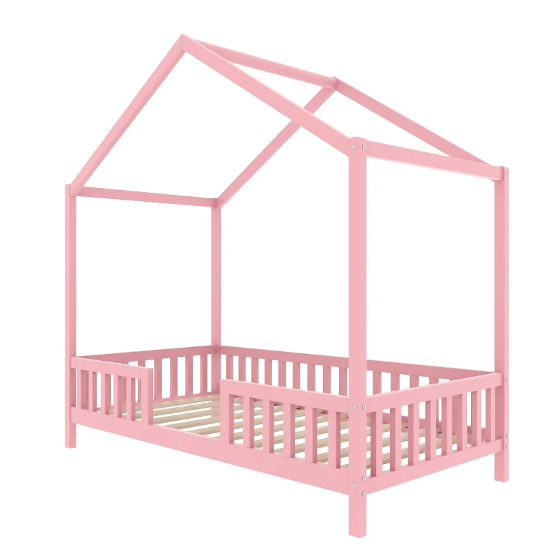 Twin-Size House-Style Toddler Bed Frame with 4-Sided High Railings, Montessori Floor Bed with Canopy, 78.5'' L x 41.5'' W x 78'' H, Pink