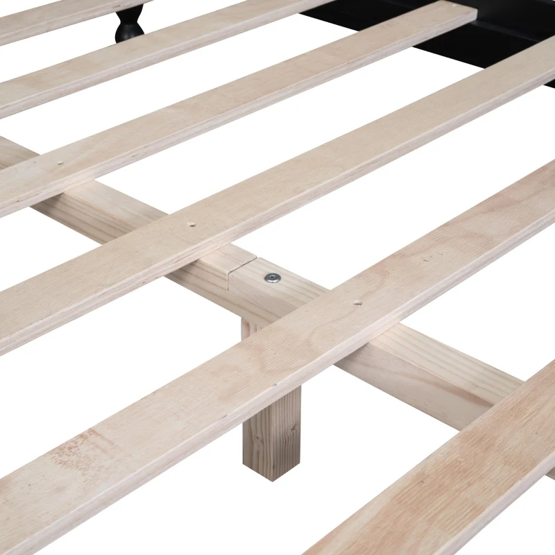 Queen Size Platform Bed with Retro Headboard and 10 Plywood Slats, Durable Bed Frame with Plywood Construction, 85'' L x 62.5'' W x 39.5'' H, Black