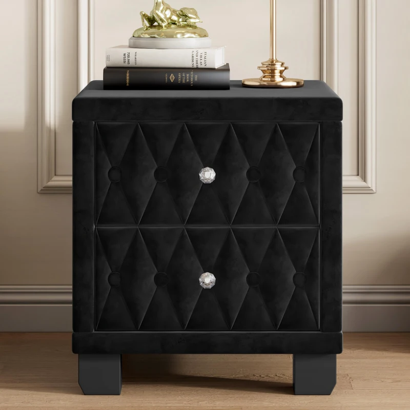 Velvet Nightstand with 2 Roomy Drawers and Crystal Handles, Solid Beside Table for Condos and City Homes, 18'' L x 18'' W x 20'' H, Black
