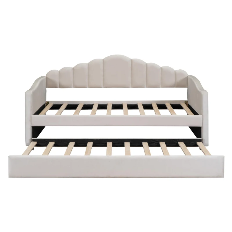 Twin Upholstered Daybed with Trundle and 2 USB Charging Ports, Velvet Sofa Bed with Side Storage Pockets, 80'' L x 42'' W x 40'' H, Beige