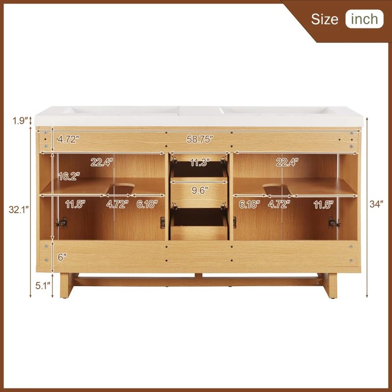 Modern Bathroom Vanity with Soft-Close Hinges & Hidden Drawer Slides, Elegant Vanity Cabinet with Resin Sink, 59.5'' L x 20'' W x 34'' H, Wood