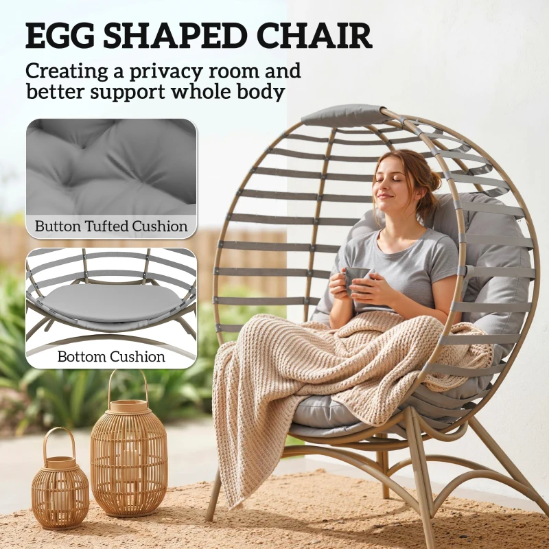 Outsunny Egg Chair, Patio Lounge Chair, Foldable Basket Chair with Large Seat Cushion, Side Pocket, Light Grey