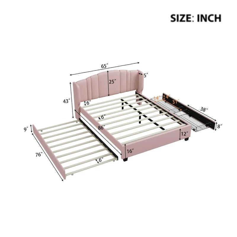 Upholstered Platform Bed with Wingback Headboard and Twin Trundle, Queen Size Bed Frame with Wooden Slat System, 86'' L x 65'' W x 43'' H, Pink
